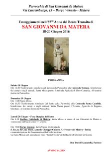 Festeggiamenti del Beato Transito di SAN GIOVANNI DA MATERA  - Matera